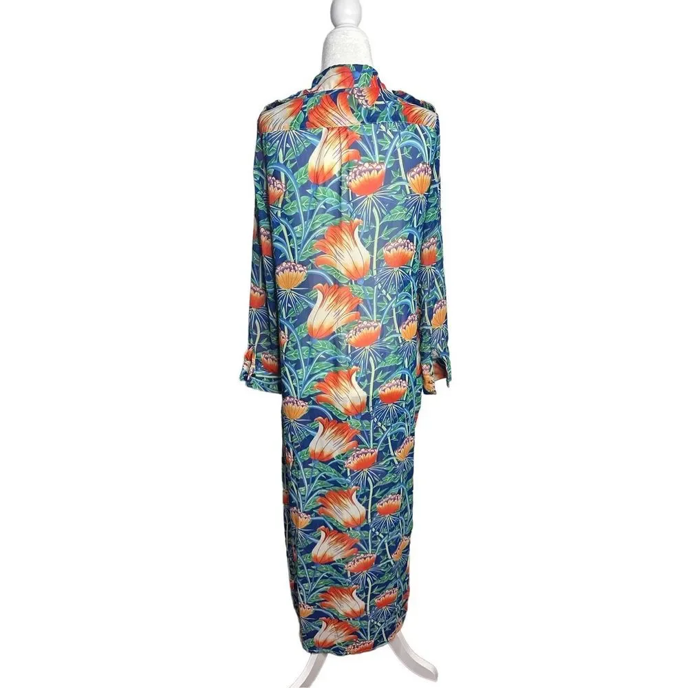 Grifflin Paris Tropical Floral Blue Long Bathing Suit Cover Up Size Small Women'